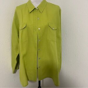 Lino By Chicos Size 3 XL Button Up Shirt Blouse 100% Linen Vibrant Green EUC